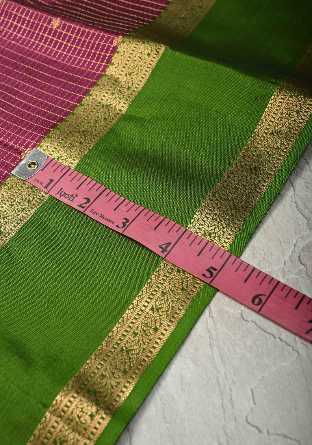 Jamuni Purple Podi-Kattam Zari Checks on Pure Kanjivaram Soft Silk Saree with Chunri Buttis and Leaf Green Rettiapet Zari Border | SILK MARK CERTIFIED
