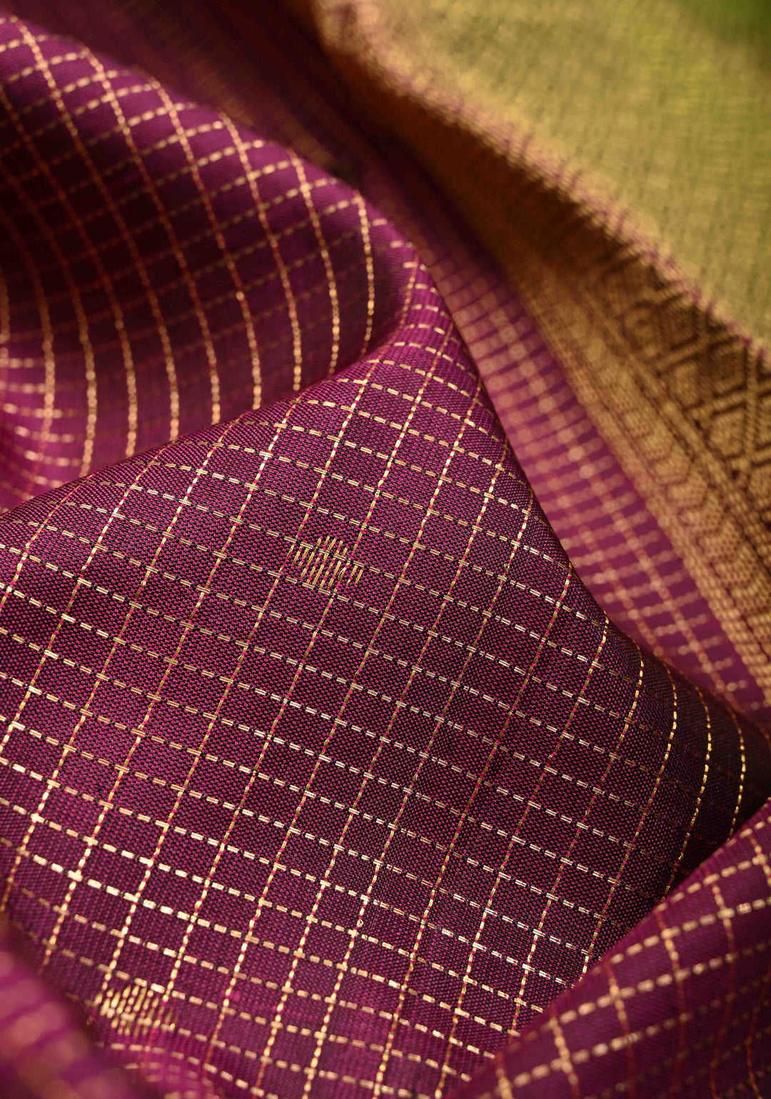 Jamuni Purple Podi-Kattam Zari Checks on Pure Kanjivaram Soft Silk Saree with Chunri Buttis and Leaf Green Rettiapet Zari Border | SILK MARK CERTIFIED