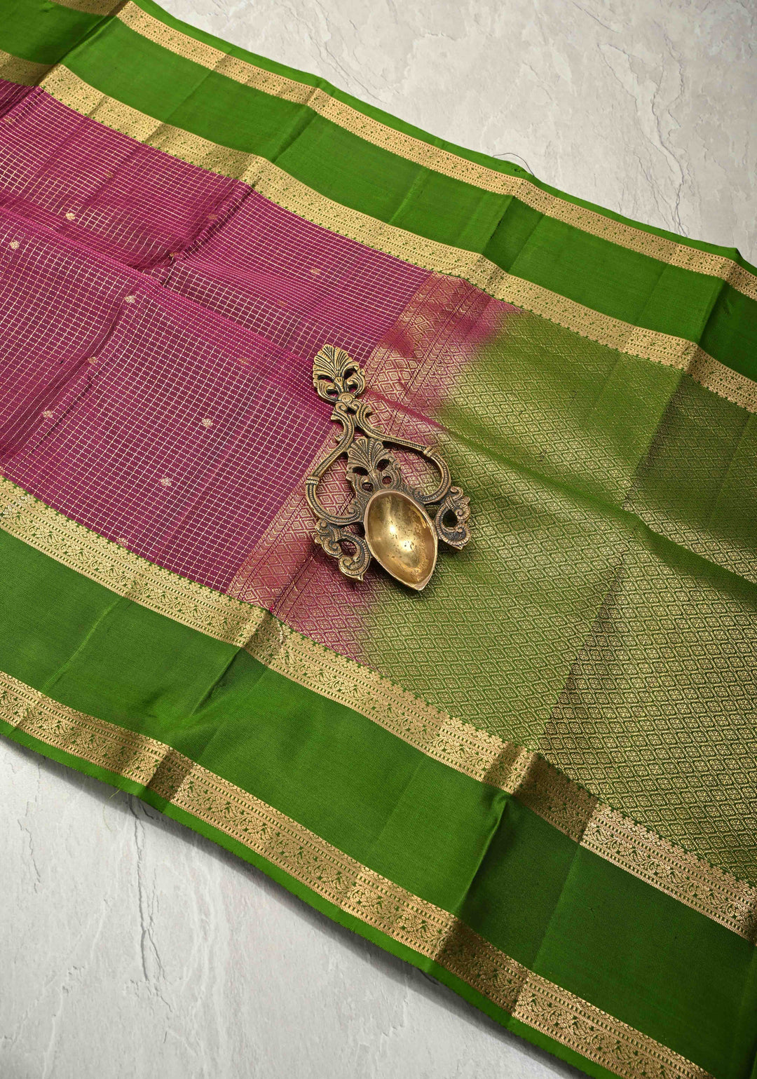 Jamuni Purple Podi-Kattam Zari Checks on Pure Kanjivaram Soft Silk Saree with Chunri Buttis and Leaf Green Rettiapet Zari Border | SILK MARK CERTIFIED