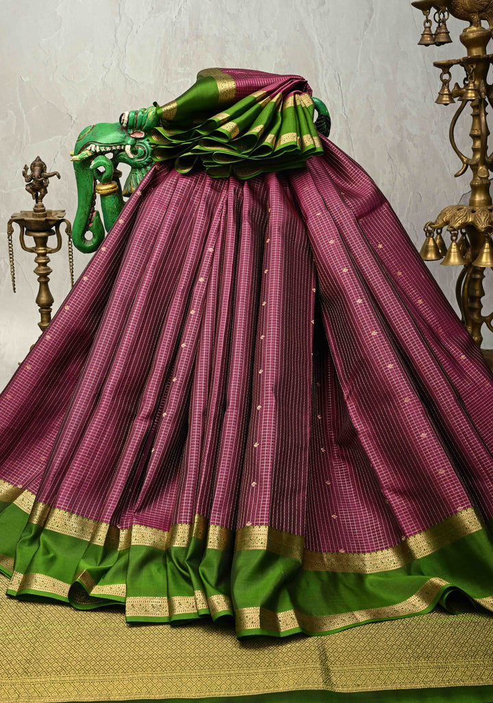 Jamuni Purple Podi-Kattam Zari Checks on Pure Kanjivaram Soft Silk Saree with Chunri Buttis and Leaf Green Rettiapet Zari Border | SILK MARK CERTIFIED