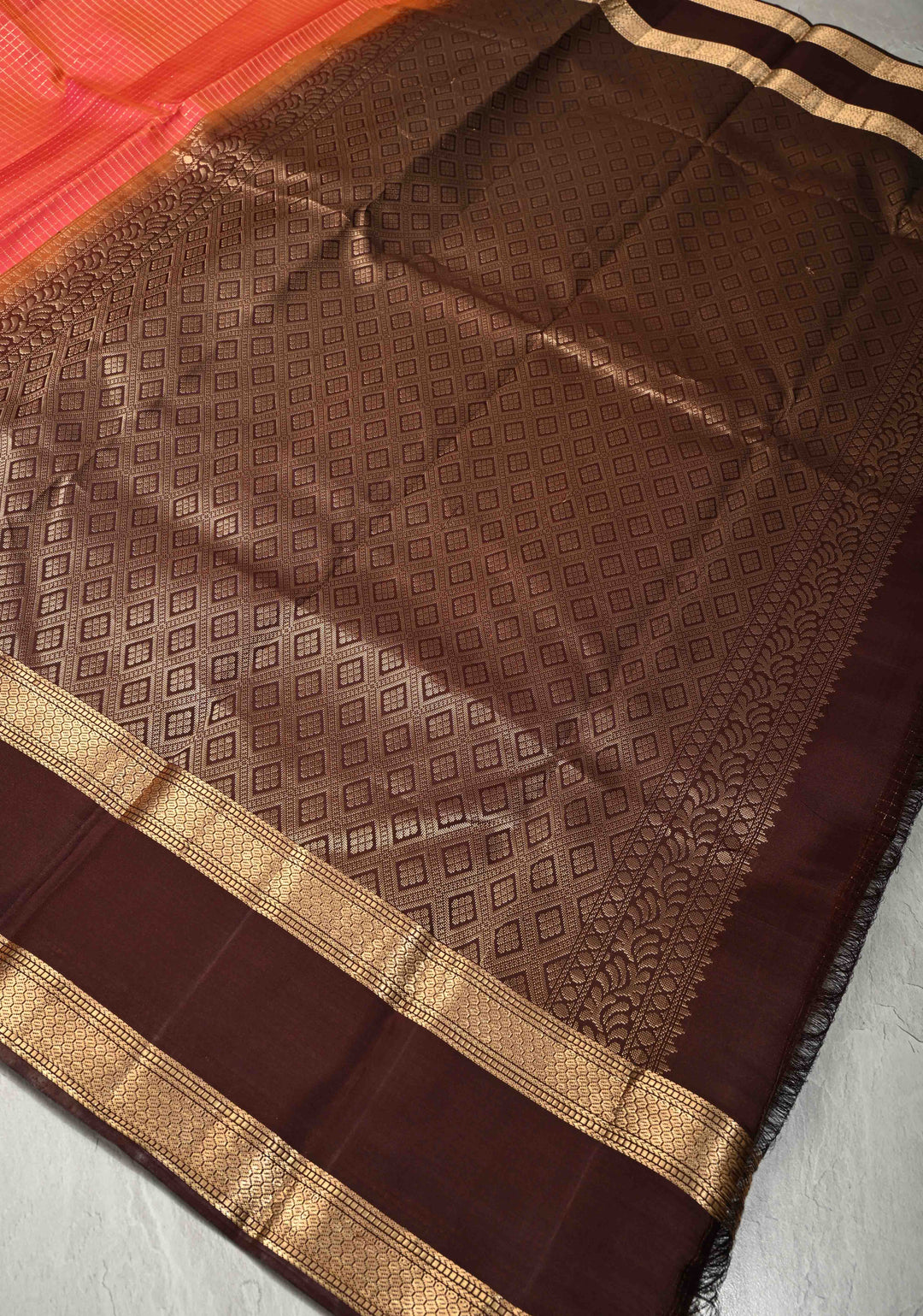 Pink-Orange Dual Tone Podi-Kattam Zari Checks on Pure Kanjivaram Soft Silk Saree with Coffee Brown Rettiapet Zari Border | SILK MARK CERTIFIED