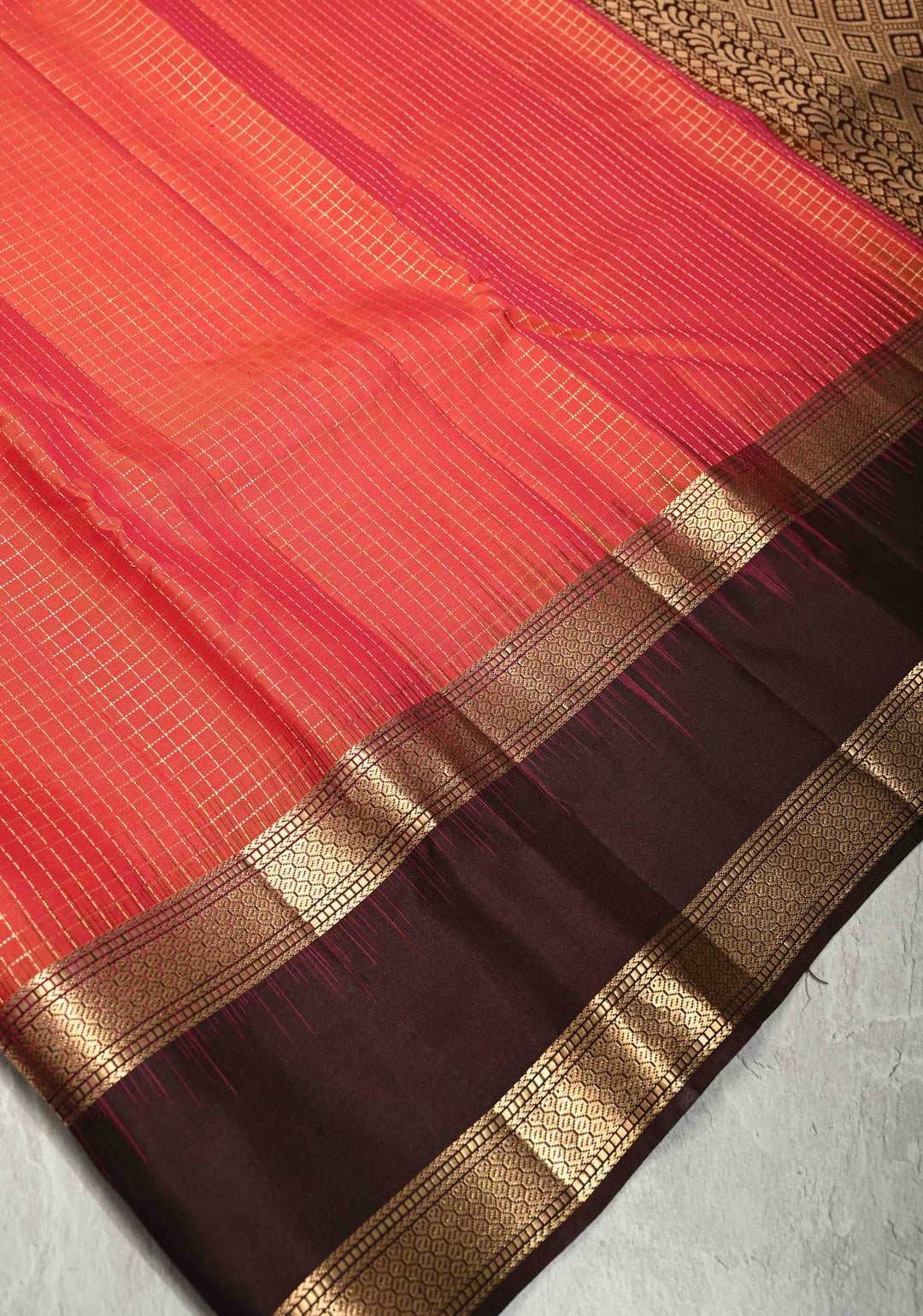 Pink-Orange Dual Tone Podi-Kattam Zari Checks on Pure Kanjivaram Soft Silk Saree with Coffee Brown Rettiapet Zari Border | SILK MARK CERTIFIED
