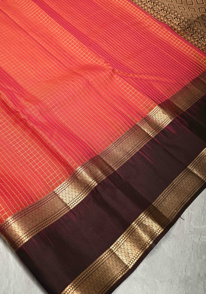 Pink-Orange Dual Tone Podi-Kattam Zari Checks on Pure Kanjivaram Soft Silk Saree with Coffee Brown Rettiapet Zari Border | SILK MARK CERTIFIED