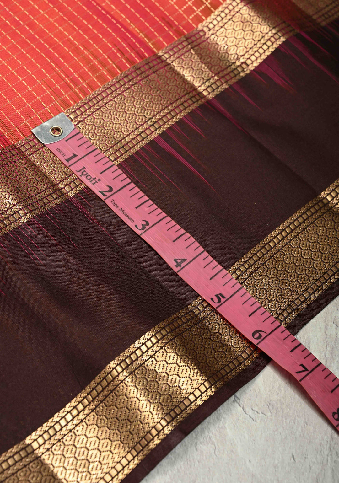 Pink-Orange Dual Tone Podi-Kattam Zari Checks on Pure Kanjivaram Soft Silk Saree with Coffee Brown Rettiapet Zari Border | SILK MARK CERTIFIED