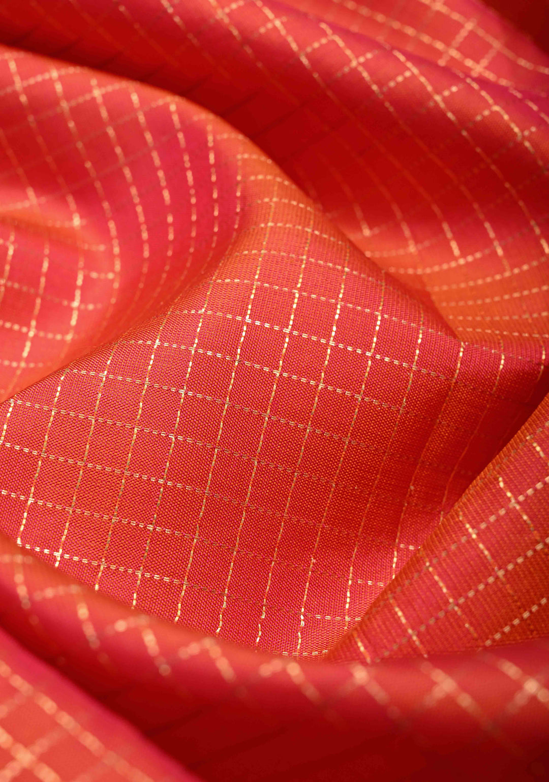 Pink-Orange Dual Tone Podi-Kattam Zari Checks on Pure Kanjivaram Soft Silk Saree with Coffee Brown Rettiapet Zari Border | SILK MARK CERTIFIED