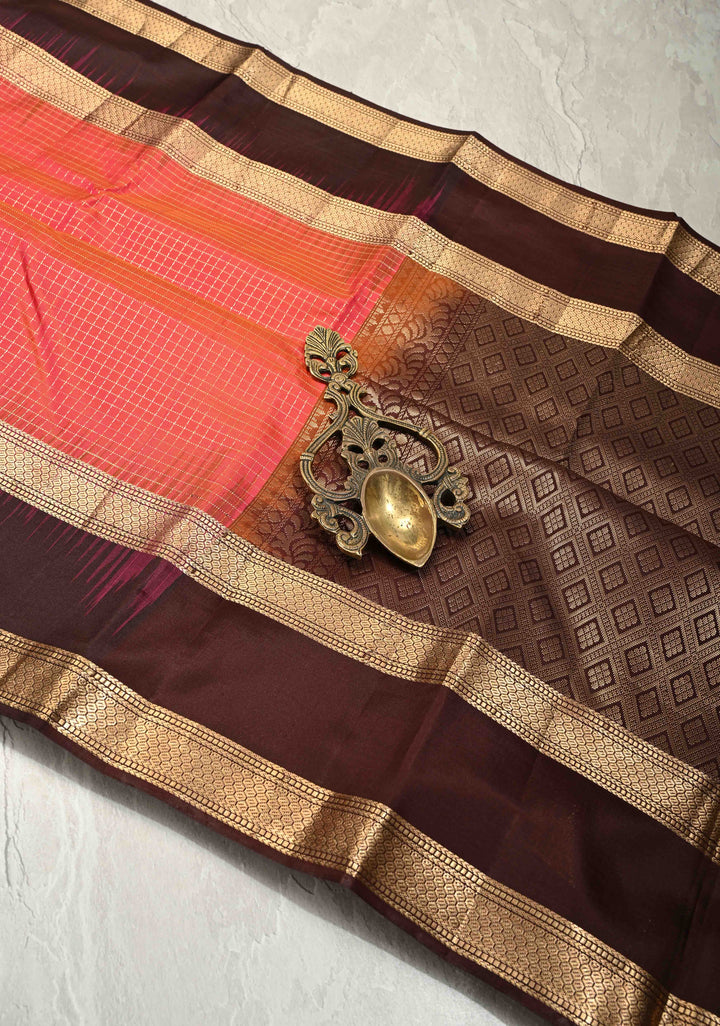 Pink-Orange Dual Tone Podi-Kattam Zari Checks on Pure Kanjivaram Soft Silk Saree with Coffee Brown Rettiapet Zari Border | SILK MARK CERTIFIED