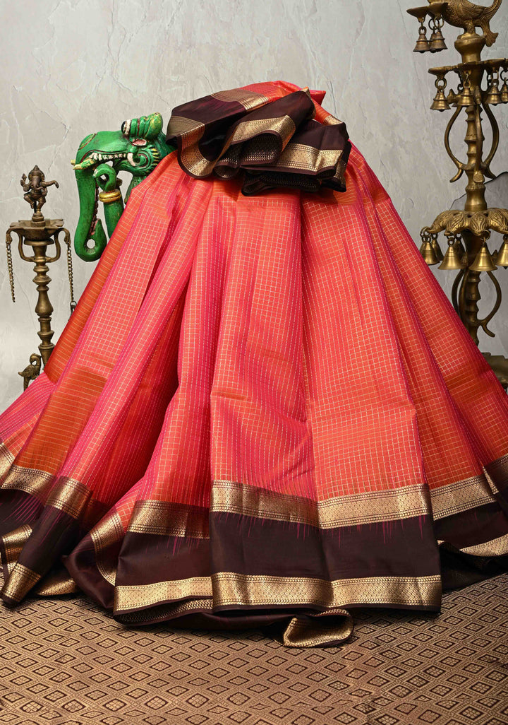 Pink-Orange Dual Tone Podi-Kattam Zari Checks on Pure Kanjivaram Soft Silk Saree with Coffee Brown Rettiapet Zari Border | SILK MARK CERTIFIED