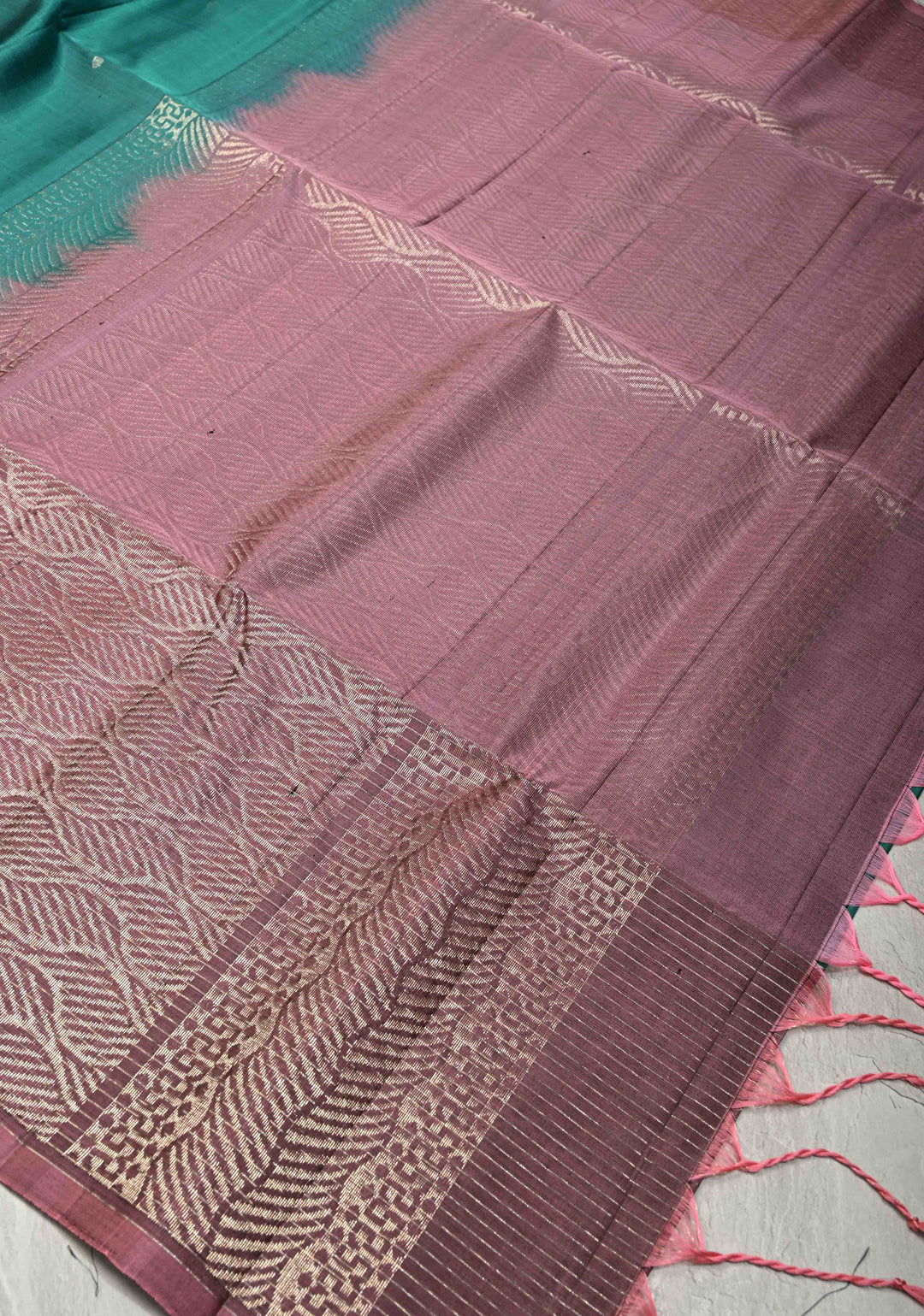 Teal Lightweight Pure Kanjivaram Soft Silk Saree with Silver Polka Dots and Contrast Wide Checks Border | SILK MARK CERTIFIED