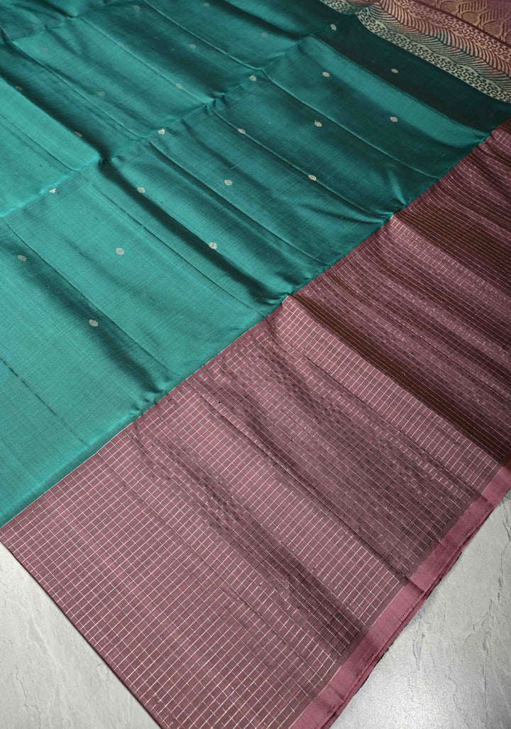 Teal Lightweight Pure Kanjivaram Soft Silk Saree with Silver Polka Dots and Contrast Wide Checks Border | SILK MARK CERTIFIED