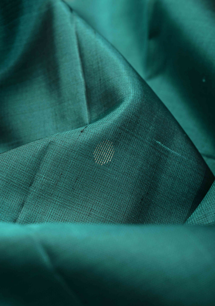 Teal Lightweight Pure Kanjivaram Soft Silk Saree with Silver Polka Dots and Contrast Wide Checks Border | SILK MARK CERTIFIED