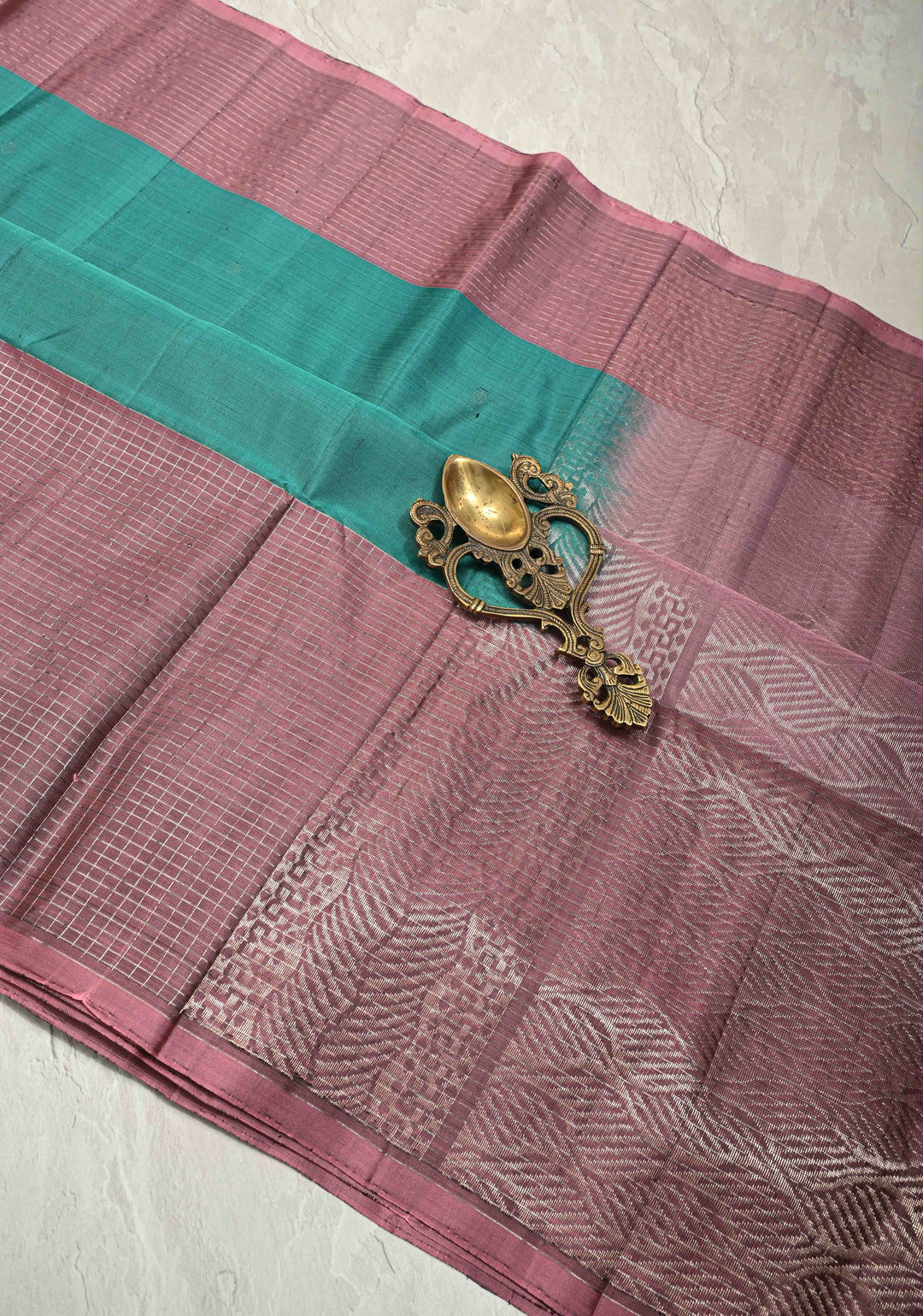Teal Lightweight Pure Kanjivaram Soft Silk Saree with Silver Polka Dots and Contrast Wide Checks Border | SILK MARK CERTIFIED