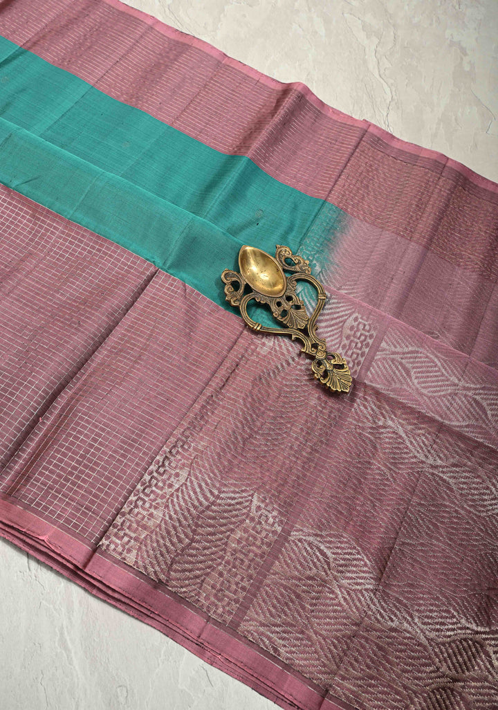 Teal Lightweight Pure Kanjivaram Soft Silk Saree with Silver Polka Dots and Contrast Wide Checks Border | SILK MARK CERTIFIED