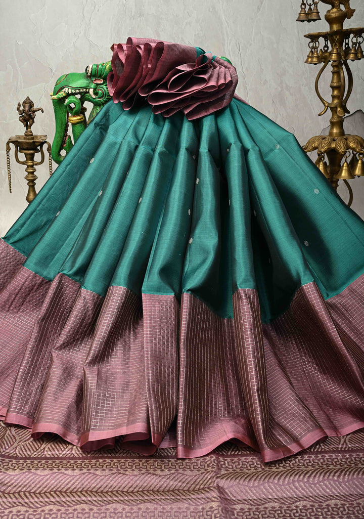 Teal Lightweight Pure Kanjivaram Soft Silk Saree with Silver Polka Dots and Contrast Wide Checks Border | SILK MARK CERTIFIED