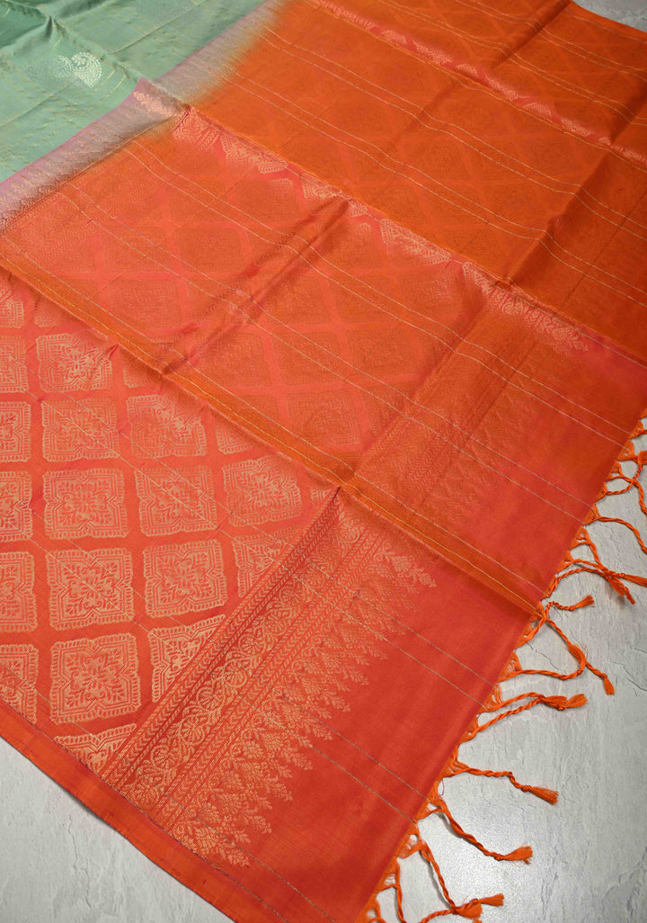 Sage Green Borderless Zari Checks on Pure Kanjivaram Soft Silk Saree with Gold-Zilver Zari Buttas and Contrast Peach-Orange Pallu   | SILK MARK CERTIFIED