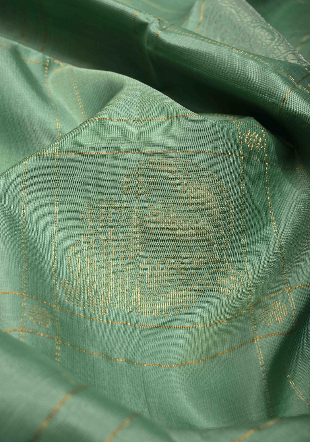 Sage Green Borderless Zari Checks on Pure Kanjivaram Soft Silk Saree with Gold-Zilver Zari Buttas and Contrast Peach-Orange Pallu   | SILK MARK CERTIFIED