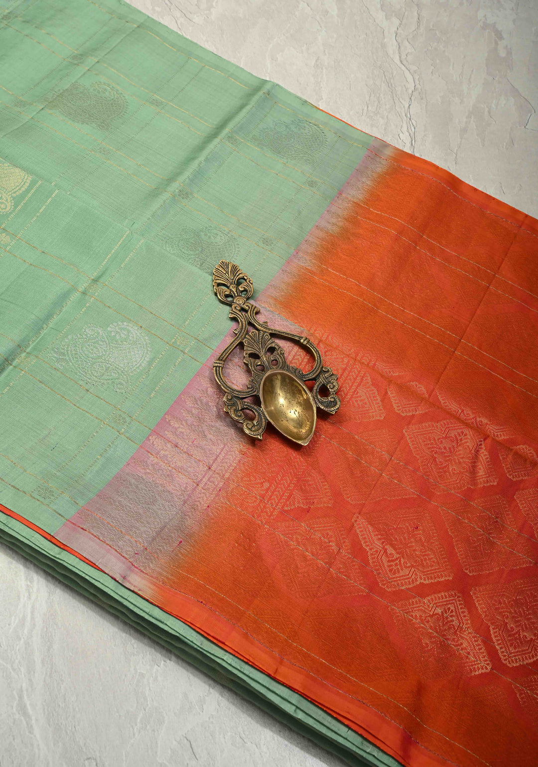 Sage Green Borderless Zari Checks on Pure Kanjivaram Soft Silk Saree with Gold-Zilver Zari Buttas and Contrast Peach-Orange Pallu   | SILK MARK CERTIFIED