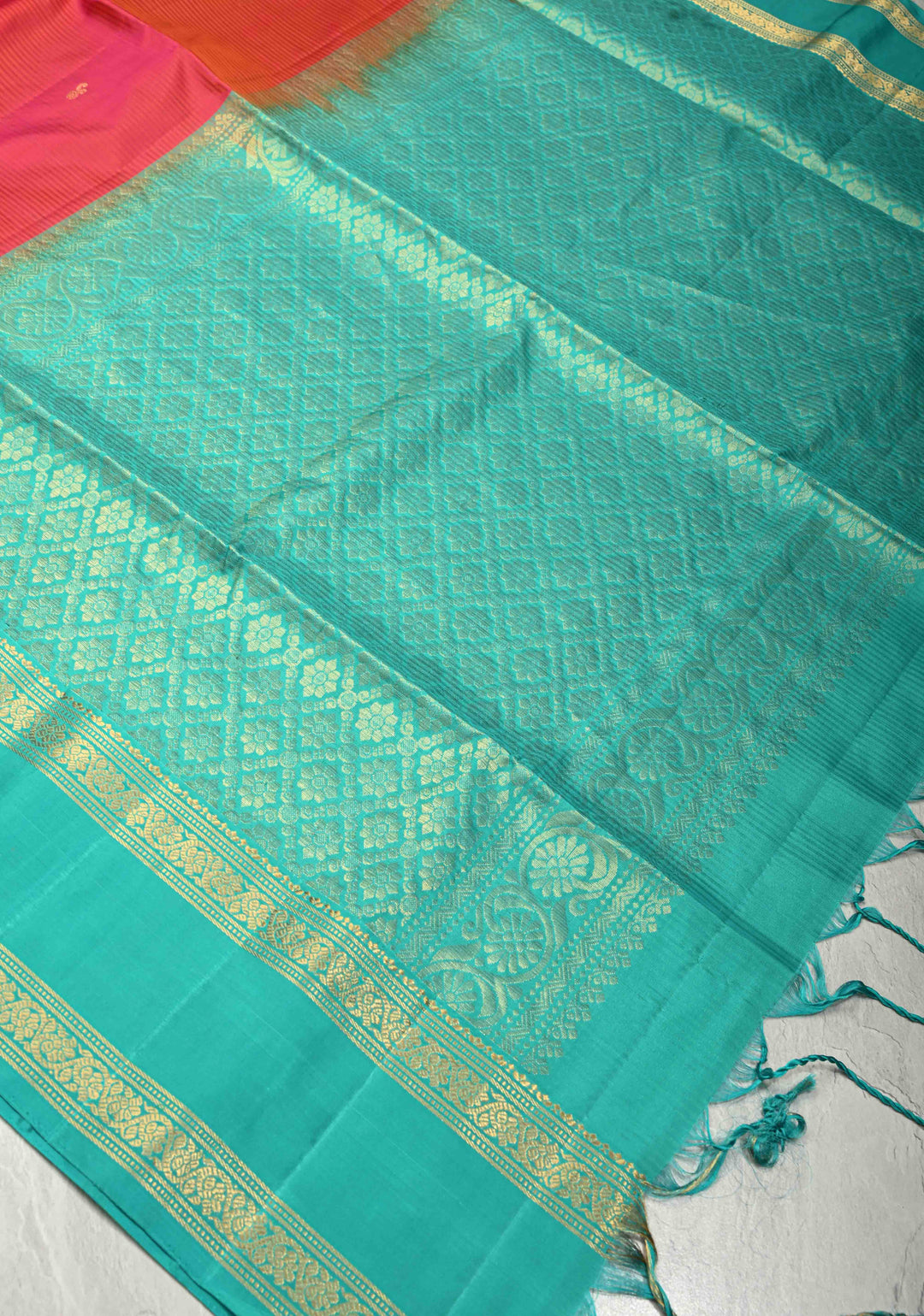 Pink-Orange Pure Kanjivaram Soft Silk Saree with Zari Buttas and Contrast Rettaipet Zari Border | SILK MARK CERTIFIED