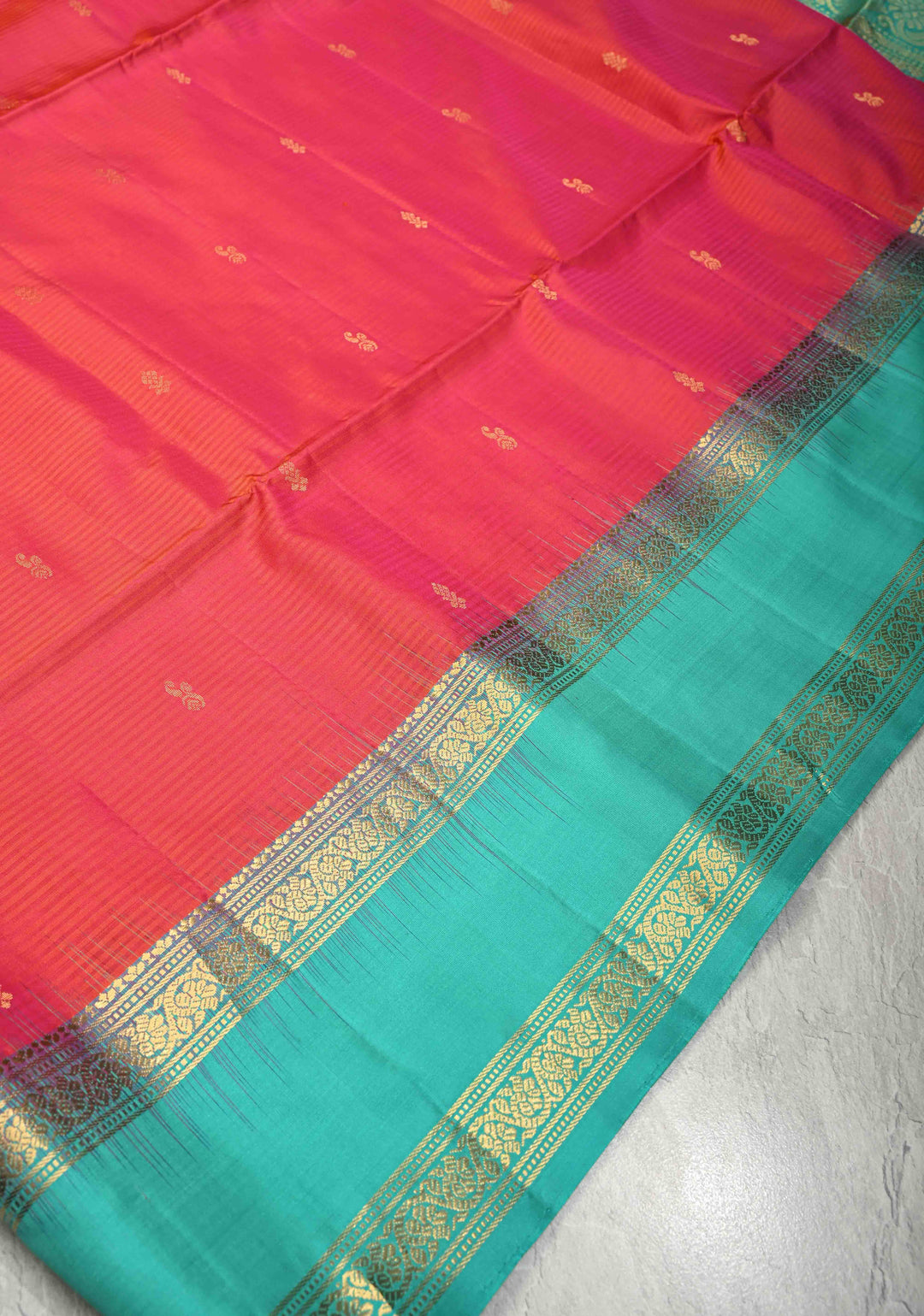 Pink-Orange Pure Kanjivaram Soft Silk Saree with Zari Buttas and Contrast Rettaipet Zari Border | SILK MARK CERTIFIED