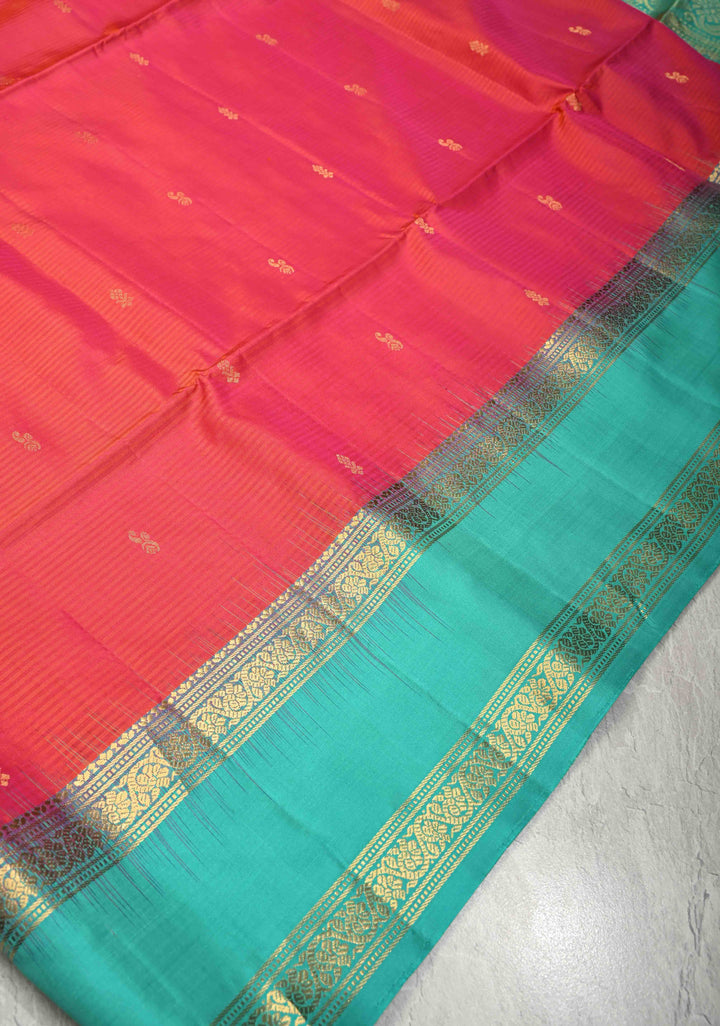 Pink-Orange Pure Kanjivaram Soft Silk Saree with Zari Buttas and Contrast Rettaipet Zari Border | SILK MARK CERTIFIED