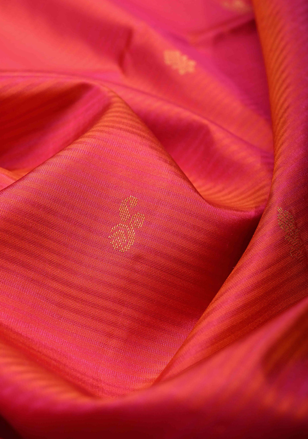 Pink-Orange Pure Kanjivaram Soft Silk Saree with Zari Buttas and Contrast Rettaipet Zari Border | SILK MARK CERTIFIED