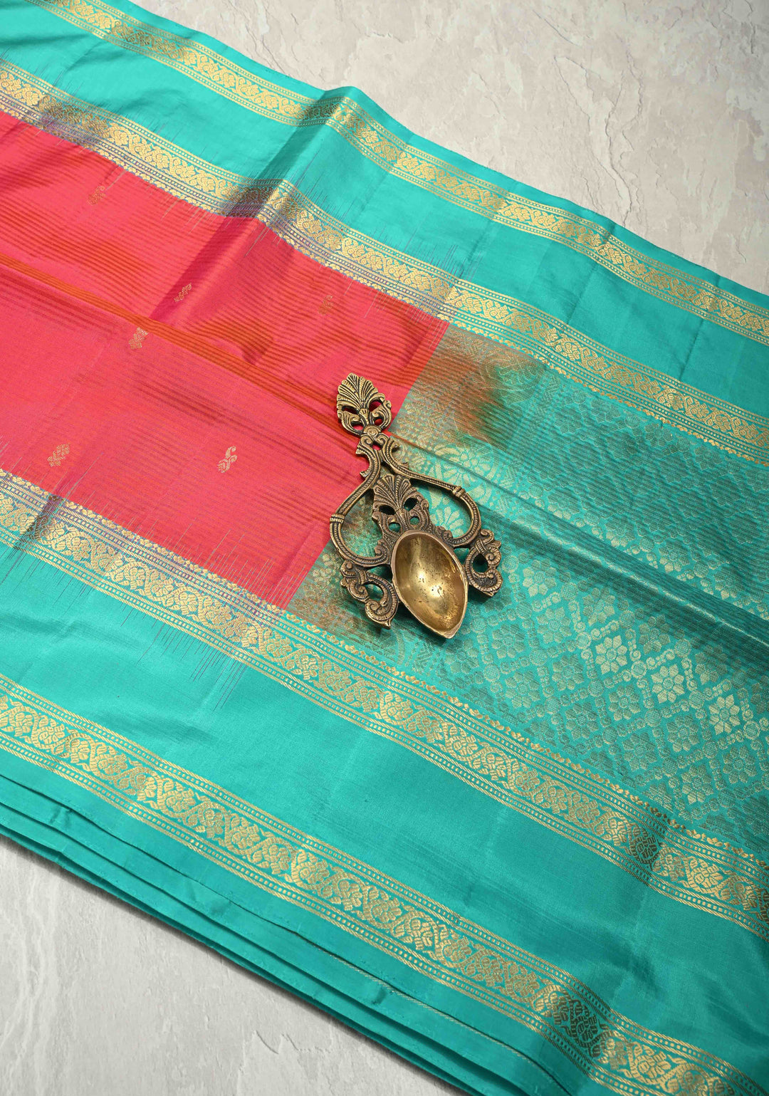 Pink-Orange Pure Kanjivaram Soft Silk Saree with Zari Buttas and Contrast Rettaipet Zari Border | SILK MARK CERTIFIED