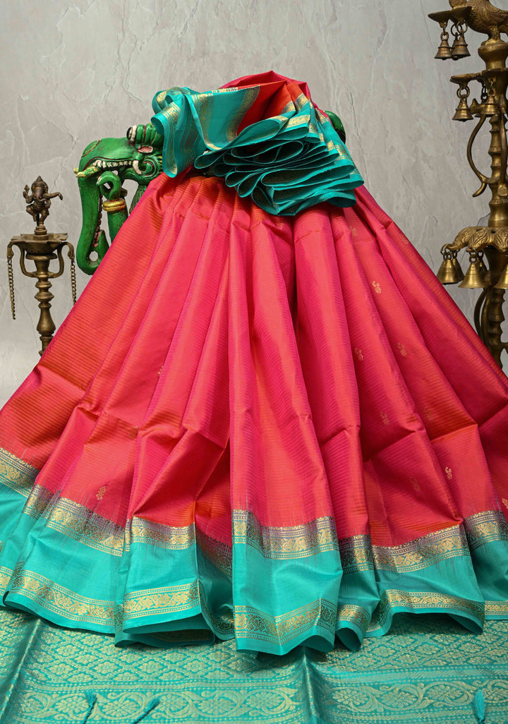 Pink-Orange Pure Kanjivaram Soft Silk Saree with Zari Buttas and Contrast Rettaipet Zari Border | SILK MARK CERTIFIED