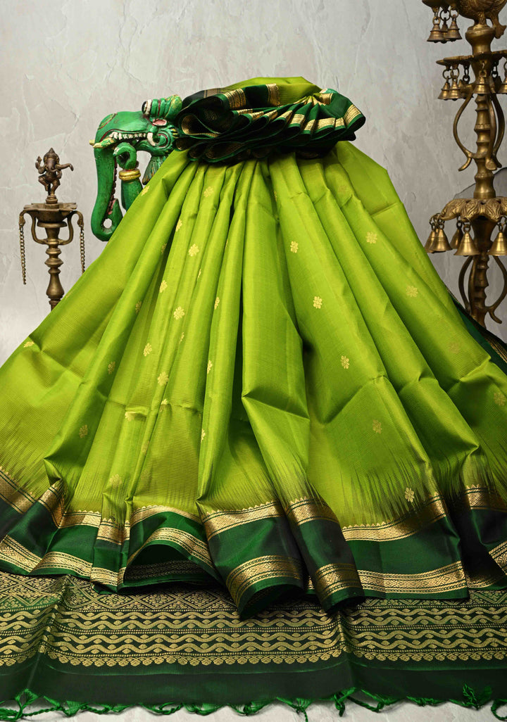 Lime Green Pure Kanjivaram Soft Silk Saree with Zari Buttas and Contrast Bottle Green Rettiapet Zari Border | SILK MARK CERTIFIED