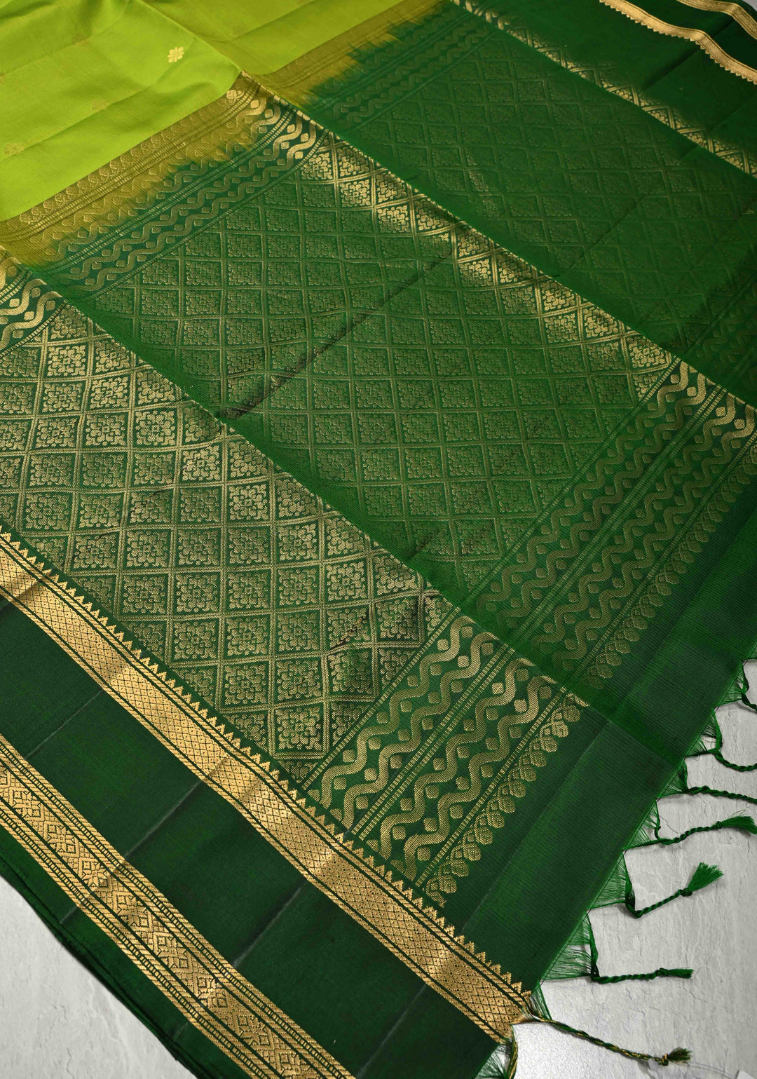 Lime Green Pure Kanjivaram Soft Silk Saree with Zari Buttas and Contrast Bottle Green Rettiapet Zari Border | SILK MARK CERTIFIED