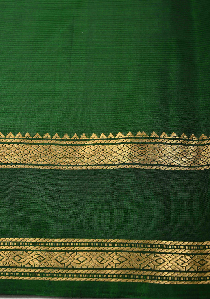 Lime Green Pure Kanjivaram Soft Silk Saree with Zari Buttas and Contrast Bottle Green Rettiapet Zari Border | SILK MARK CERTIFIED