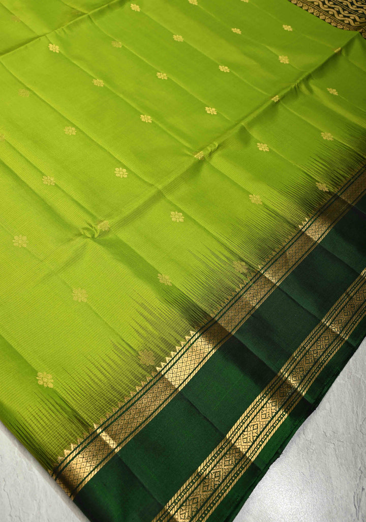 Lime Green Pure Kanjivaram Soft Silk Saree with Zari Buttas and Contrast Bottle Green Rettiapet Zari Border | SILK MARK CERTIFIED