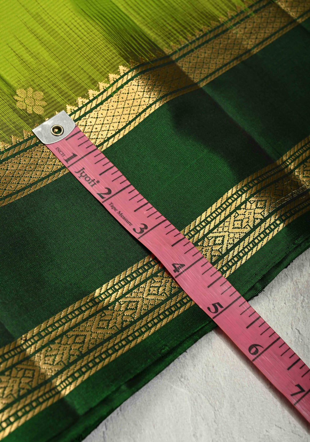 Lime Green Pure Kanjivaram Soft Silk Saree with Zari Buttas and Contrast Bottle Green Rettiapet Zari Border | SILK MARK CERTIFIED