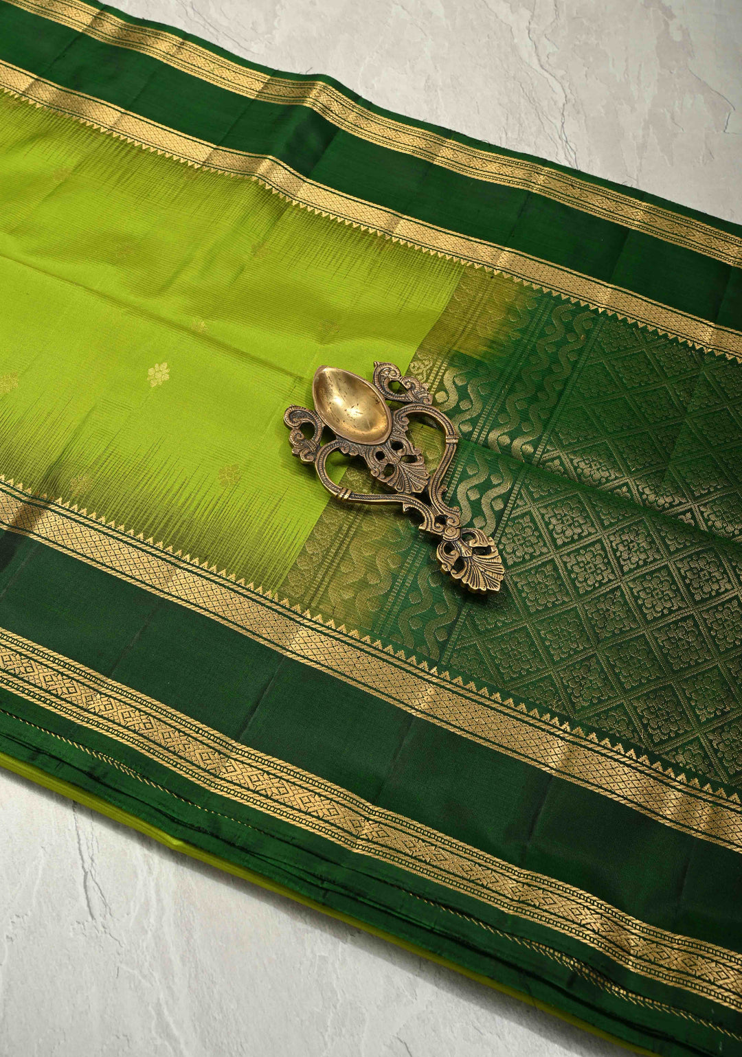 Lime Green Pure Kanjivaram Soft Silk Saree with Zari Buttas and Contrast Bottle Green Rettiapet Zari Border | SILK MARK CERTIFIED