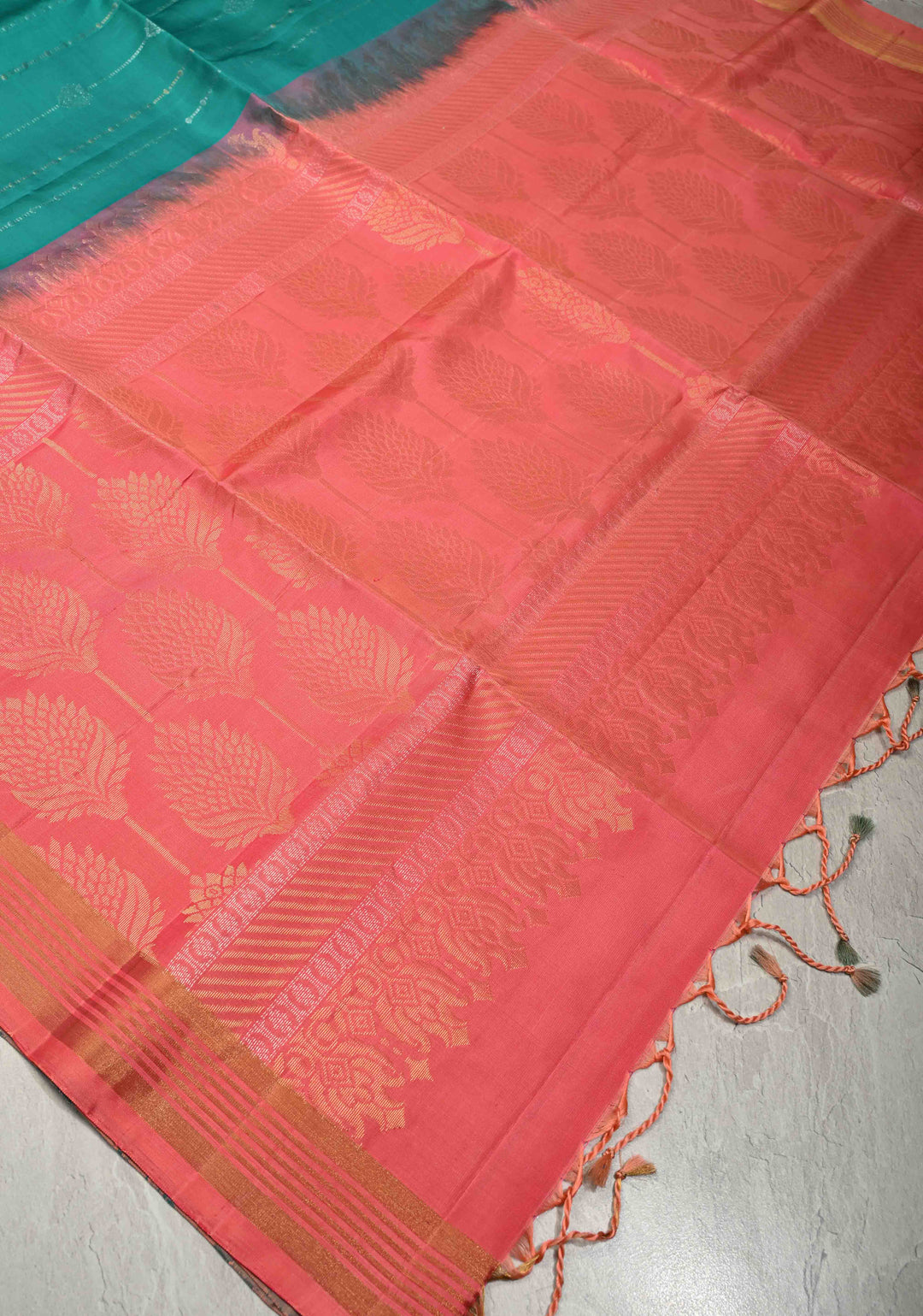Teal Pure Kanjivaram Soft Silk Saree with Gold-Silver Zari Stripes and Contrast Orange Minimal Zari Border | SILK MARK CERTIFIED