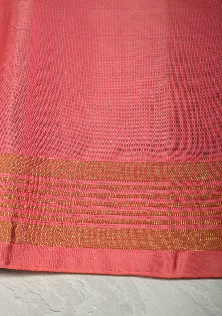 Teal Pure Kanjivaram Soft Silk Saree with Gold-Silver Zari Stripes and Contrast Orange Minimal Zari Border | SILK MARK CERTIFIED