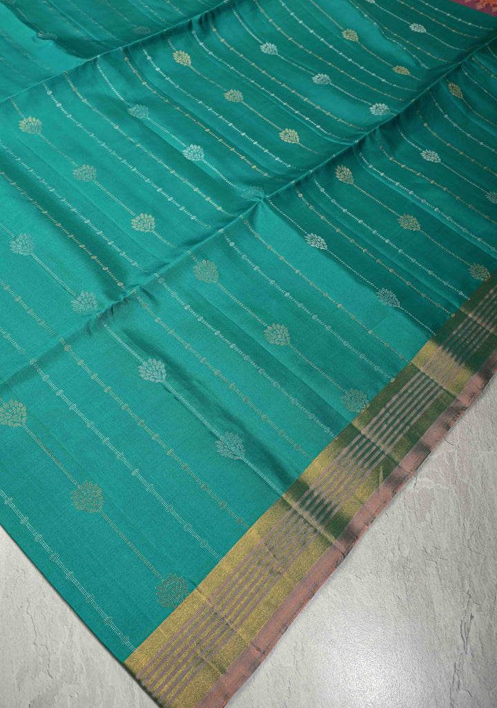 Teal Pure Kanjivaram Soft Silk Saree with Gold-Silver Zari Stripes and Contrast Orange Minimal Zari Border | SILK MARK CERTIFIED