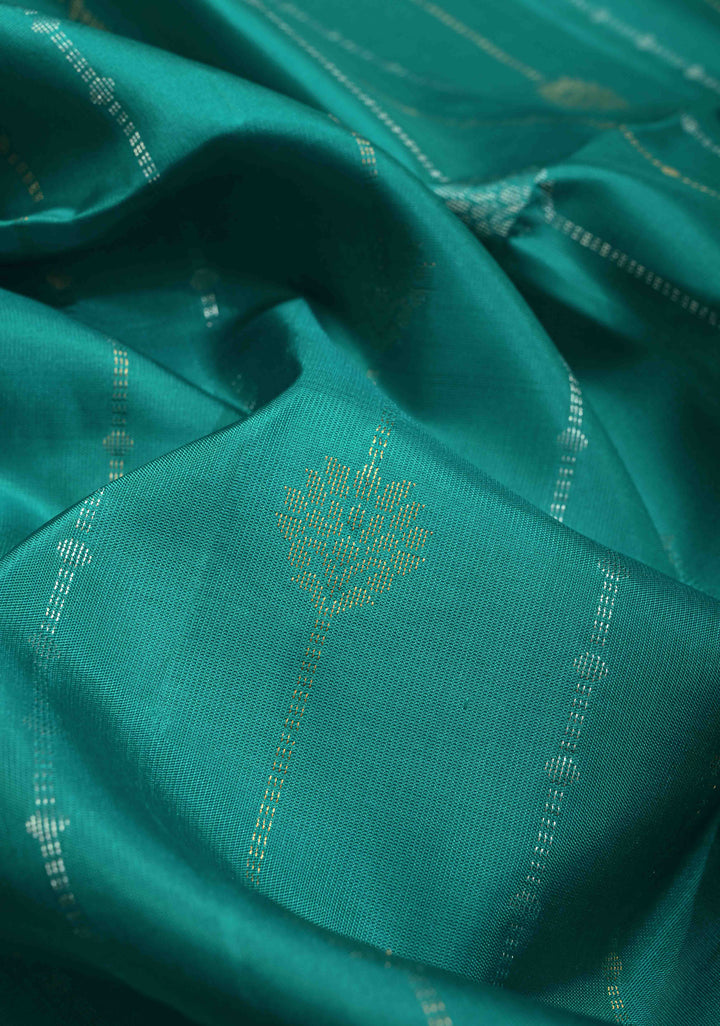 Teal Pure Kanjivaram Soft Silk Saree with Gold-Silver Zari Stripes and Contrast Orange Minimal Zari Border | SILK MARK CERTIFIED