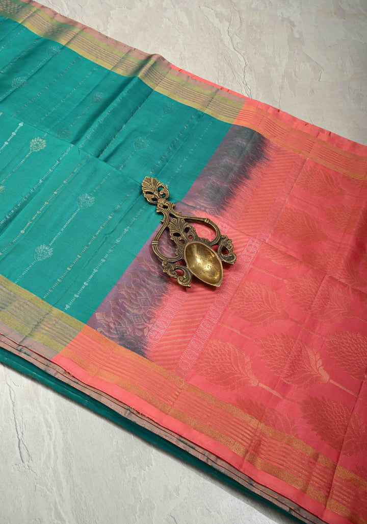 Teal Pure Kanjivaram Soft Silk Saree with Gold-Silver Zari Stripes and Contrast Orange Minimal Zari Border | SILK MARK CERTIFIED