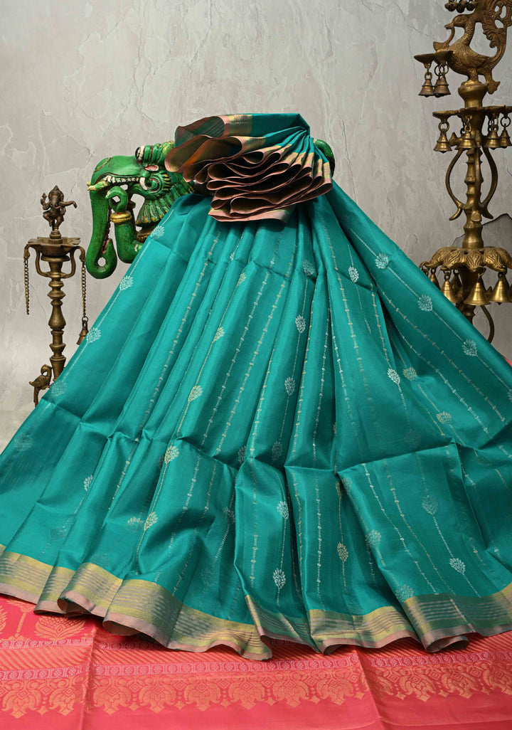 Teal Pure Kanjivaram Soft Silk Saree with Gold-Silver Zari Stripes and Contrast Orange Minimal Zari Border | SILK MARK CERTIFIED