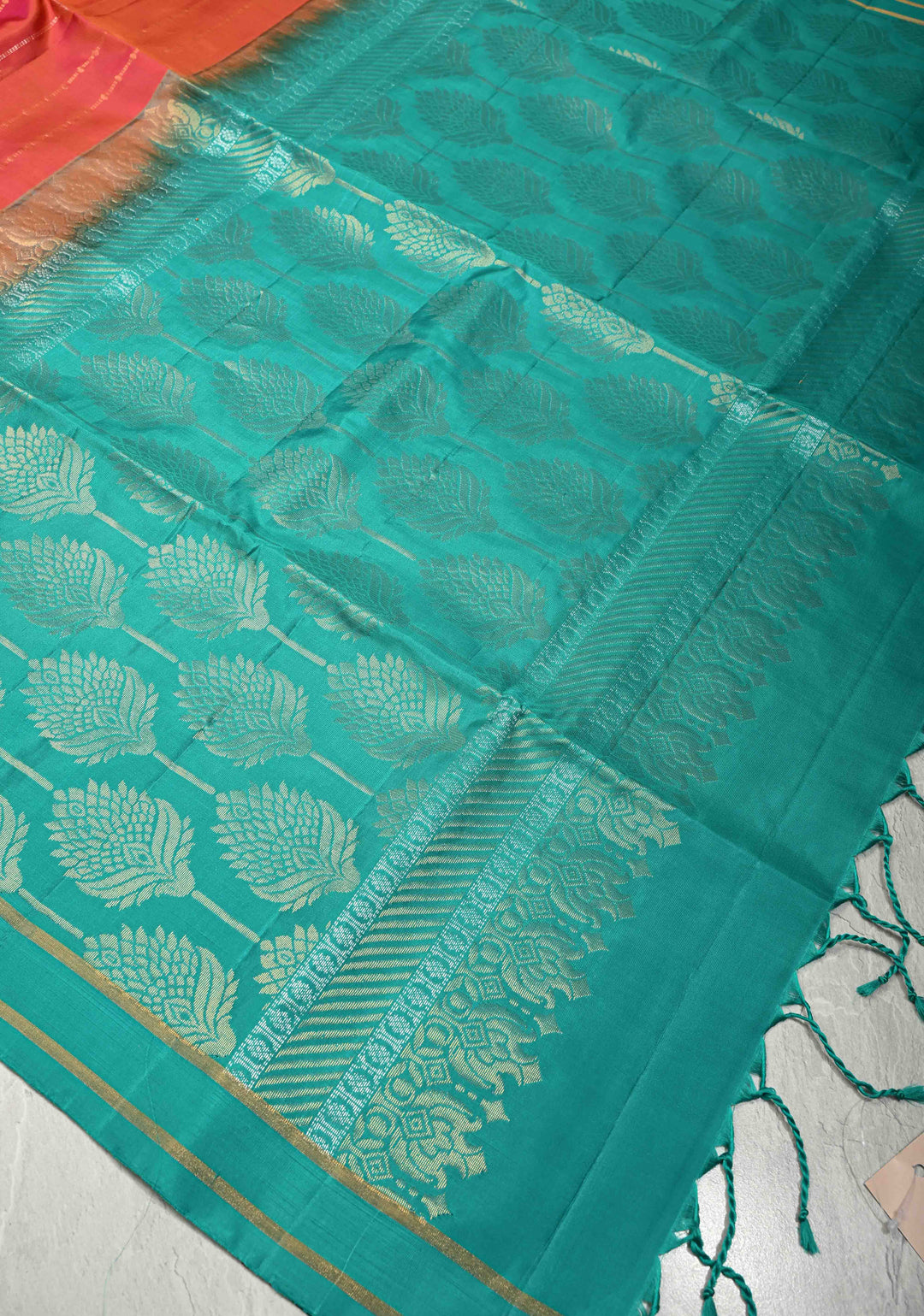 Orange-Pink Dual Tone Lightweight Pure Kanjivaram Soft Silk Saree with Gold Silver Stripes and Teal Zari Border | SILK MARK CERTIFIED