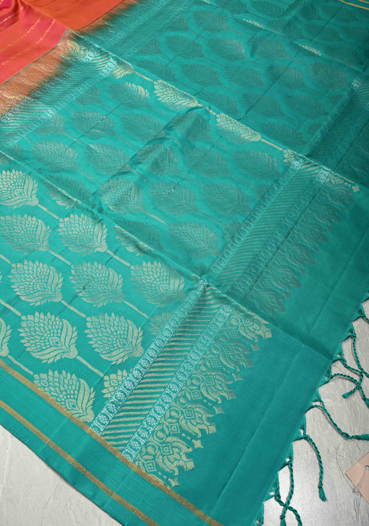 Orange-Pink Dual Tone Lightweight Pure Kanjivaram Soft Silk Saree with Gold Silver Stripes and Teal Zari Border | SILK MARK CERTIFIED