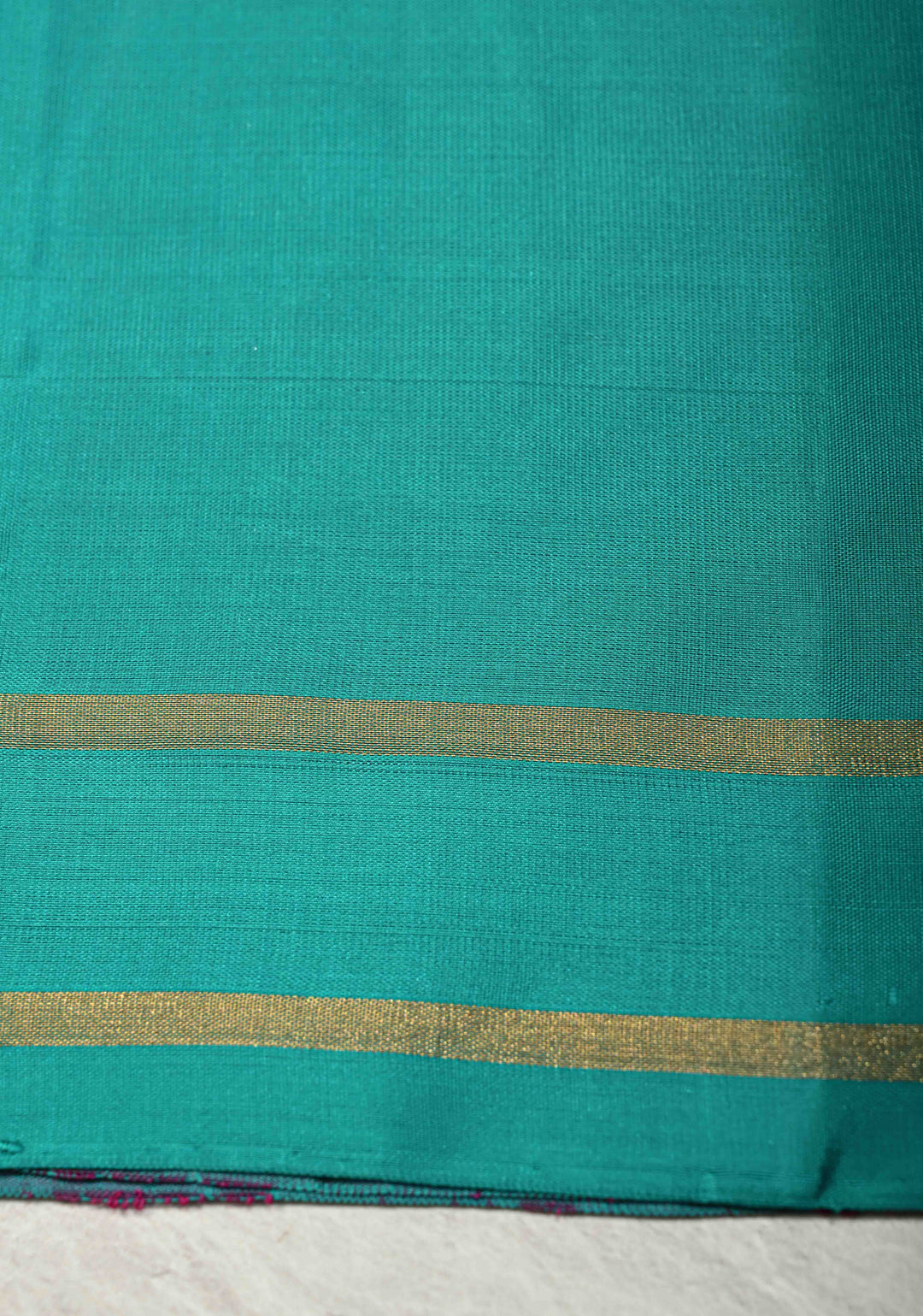 Orange-Pink Dual Tone Lightweight Pure Kanjivaram Soft Silk Saree with Gold Silver Stripes and Teal Zari Border | SILK MARK CERTIFIED