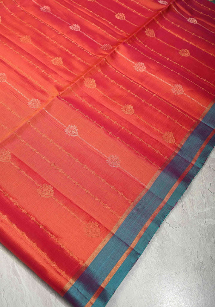 Orange-Pink Dual Tone Lightweight Pure Kanjivaram Soft Silk Saree with Gold Silver Stripes and Teal Zari Border | SILK MARK CERTIFIED