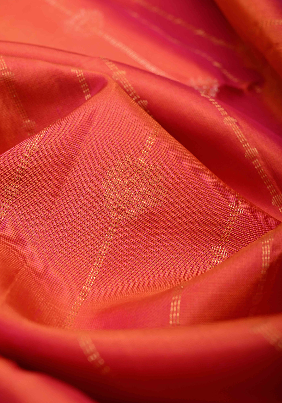 Orange-Pink Dual Tone Lightweight Pure Kanjivaram Soft Silk Saree with Gold Silver Stripes and Teal Zari Border | SILK MARK CERTIFIED