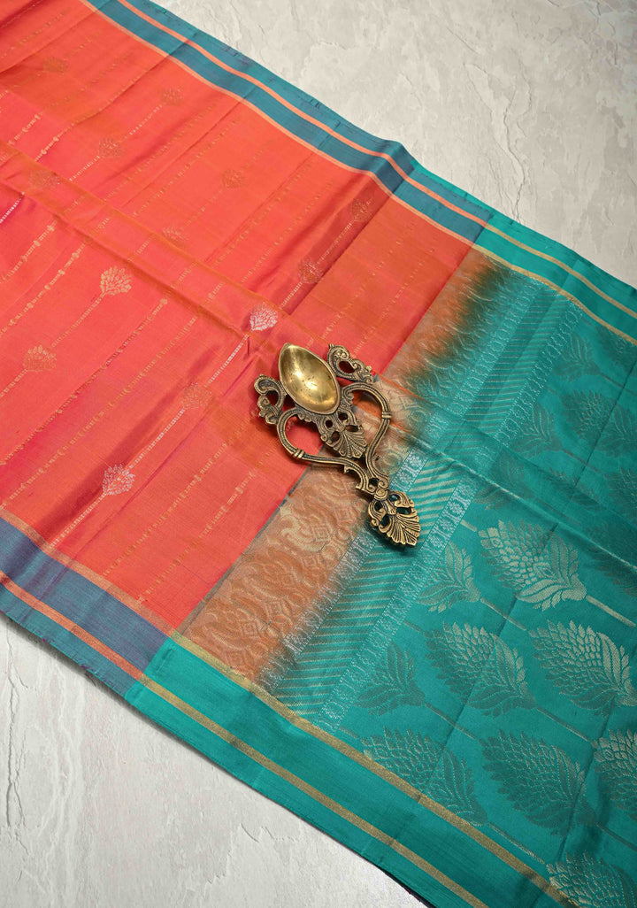 Orange-Pink Dual Tone Lightweight Pure Kanjivaram Soft Silk Saree with Gold Silver Stripes and Teal Zari Border | SILK MARK CERTIFIED