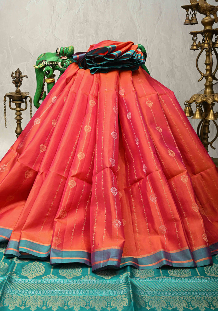 Orange-Pink Dual Tone Lightweight Pure Kanjivaram Soft Silk Saree with Gold Silver Stripes and Teal Zari Border | SILK MARK CERTIFIED