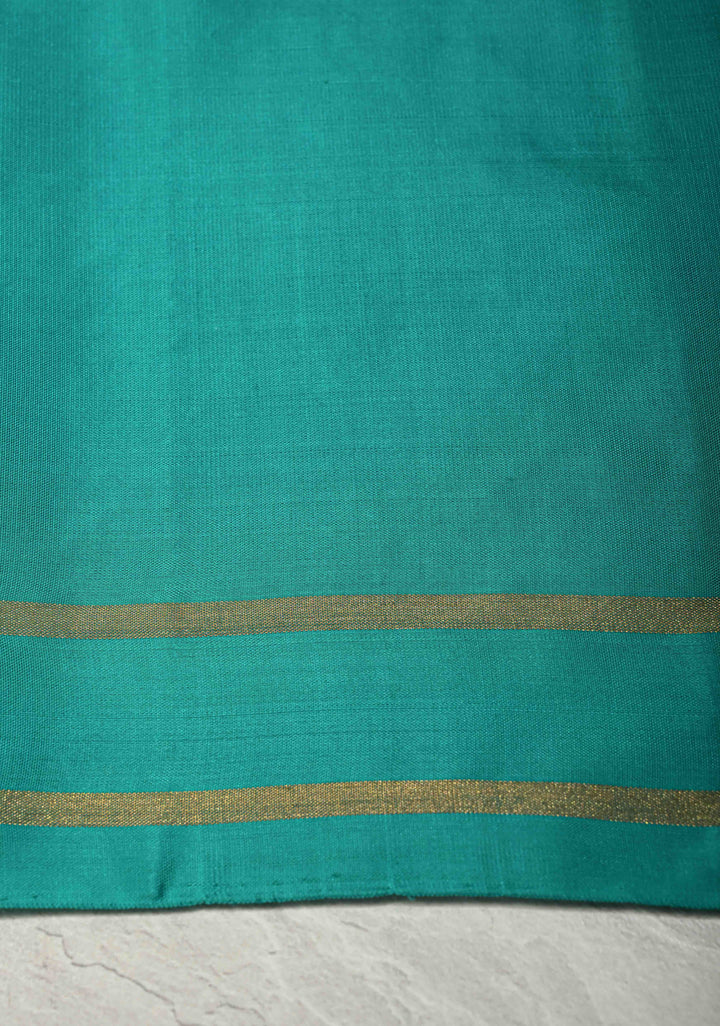 Deep Ink Blue Dual Tone Pure Kanjivaram Soft Silk Saree with Gold-Silver Zari Stripes and Contrast Rama Green Minimal Zari Border | SILK MARK CERTIFIED | SHOBITAM