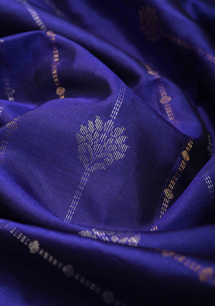 Deep Ink Blue Dual Tone Pure Kanjivaram Soft Silk Saree with Gold-Silver Zari Stripes and Contrast Rama Green Minimal Zari Border | SILK MARK CERTIFIED | SHOBITAM