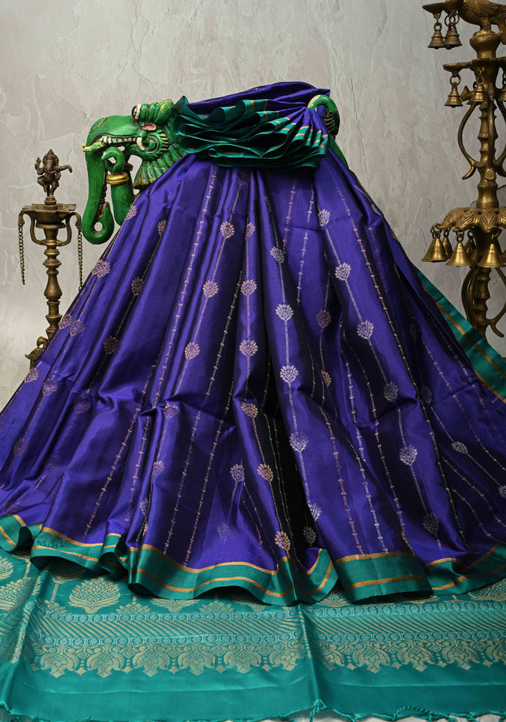 Deep Ink Blue Dual Tone Pure Kanjivaram Soft Silk Saree with Gold-Silver Zari Stripes and Contrast Rama Green Minimal Zari Border | SILK MARK CERTIFIED | SHOBITAM