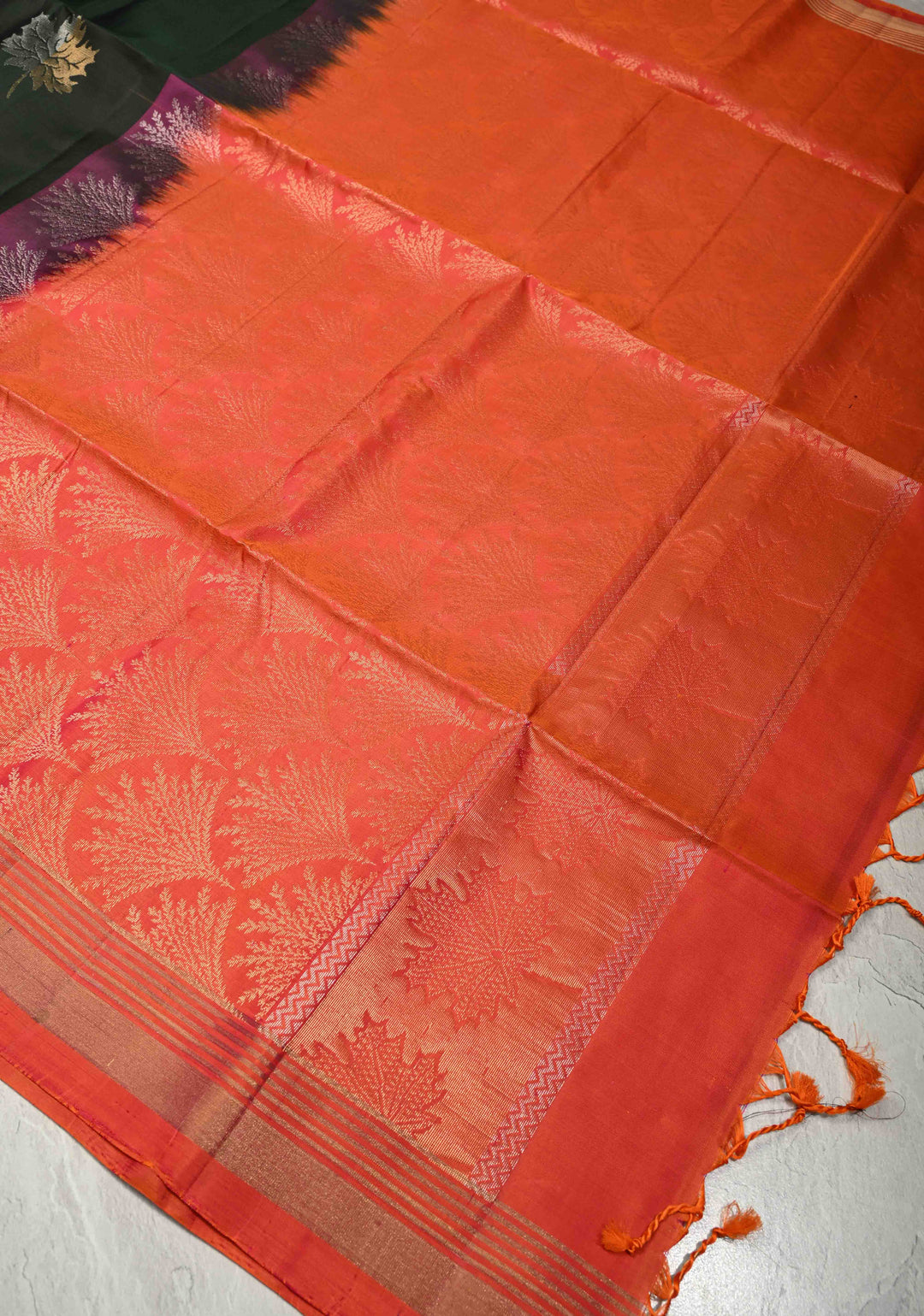 Deep Forest Green Pure Kanjivaram Soft Silk Saree with Gold-Silver Leaf Buttas and Contrast Wide Checks Border | SILK MARK CERTIFIED