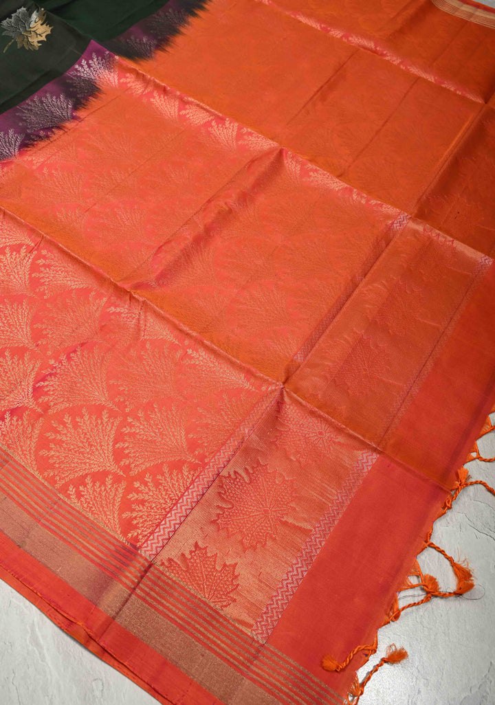 Deep Forest Green Pure Kanjivaram Soft Silk Saree with Gold-Silver Leaf Buttas and Contrast Wide Checks Border | SILK MARK CERTIFIED